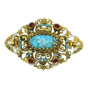 Vintage Austria Brooch Red Rhinestones Faux Pearls Blue Mottled Cabochon and Ena